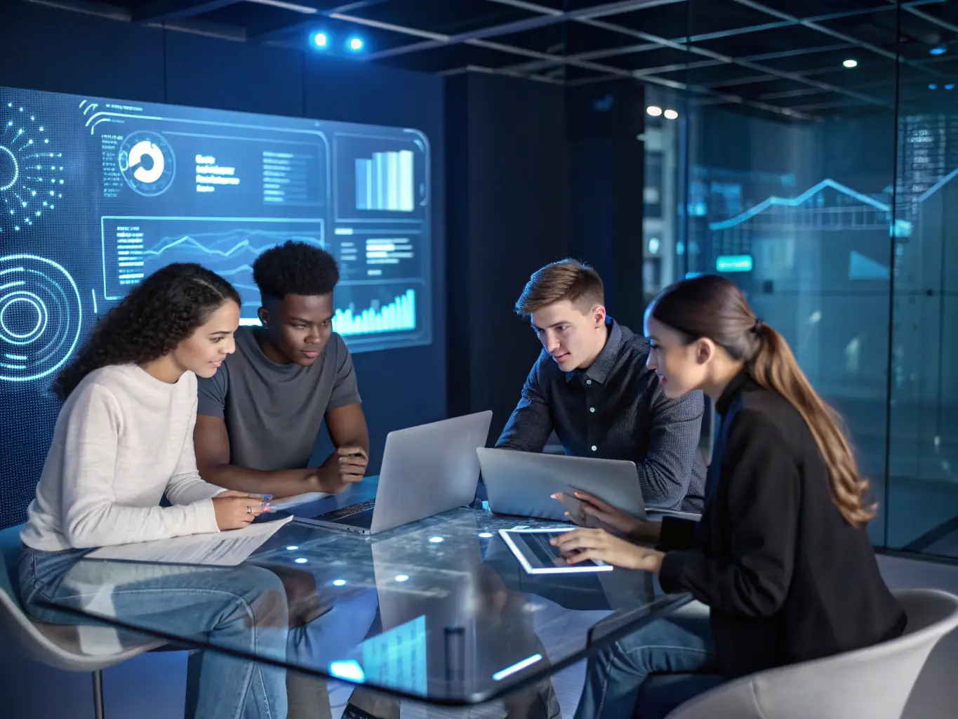 A digital illustration depicting a diverse group of people thoughtfully engaging with questions displayed on a clean, modern interface, symbolizing Glymear's question-based community.