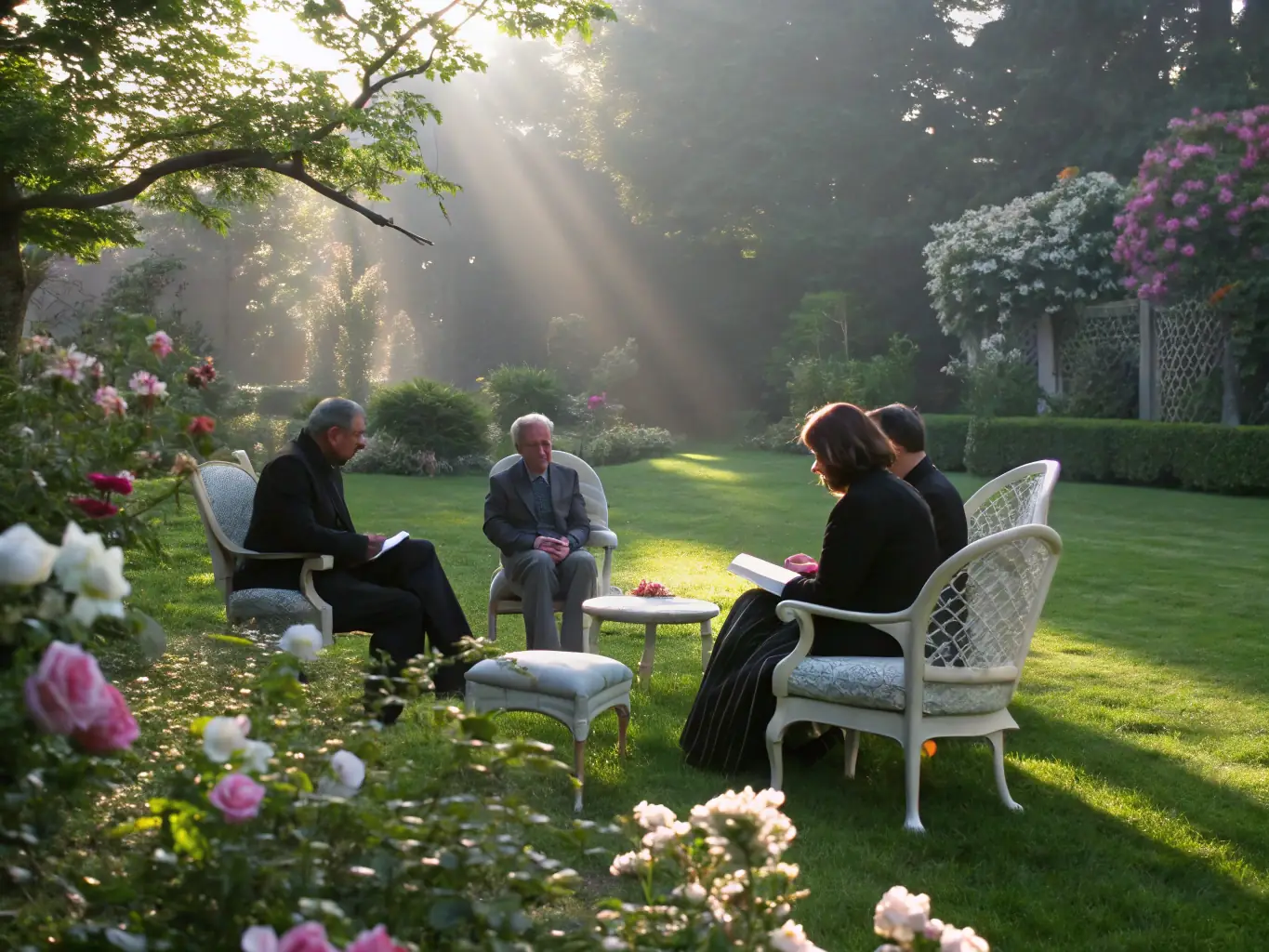 A serene image of people engaged in deep conversation around a reflective pool, symbolizing the thoughtful discussions on Glymear.