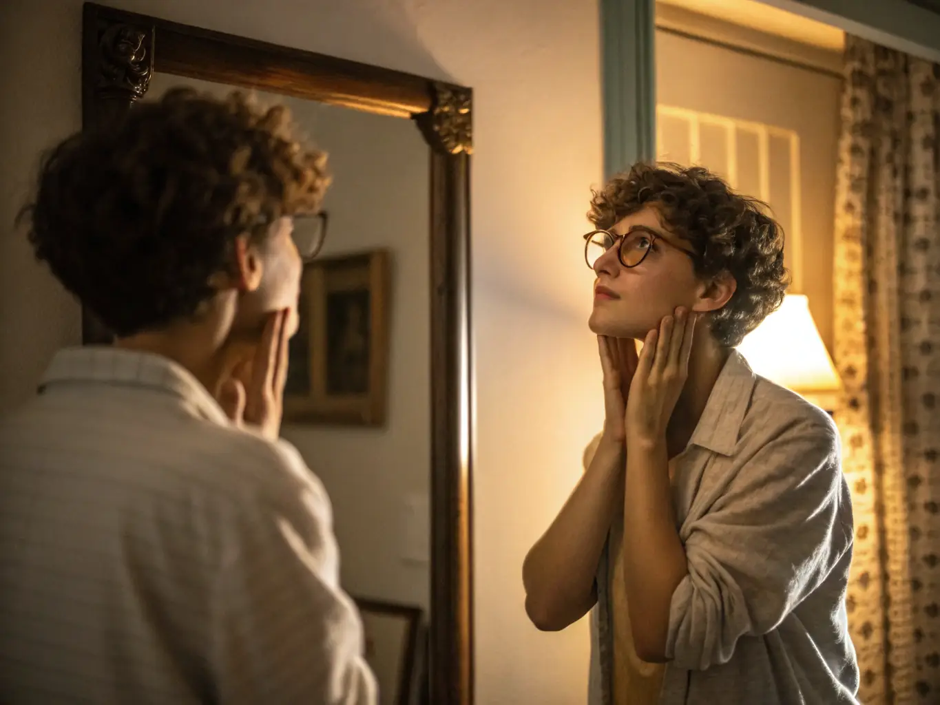 A serene image of a person reflecting in a mirror, with subtle digital enhancements to represent the concept of self-reflection and personal growth within the Glymear platform.